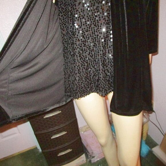 90s Vtg Black Velvet Tunic Top Size L Cardigan Sequins Layered Look Dressy Goth - Picture 2 of 7